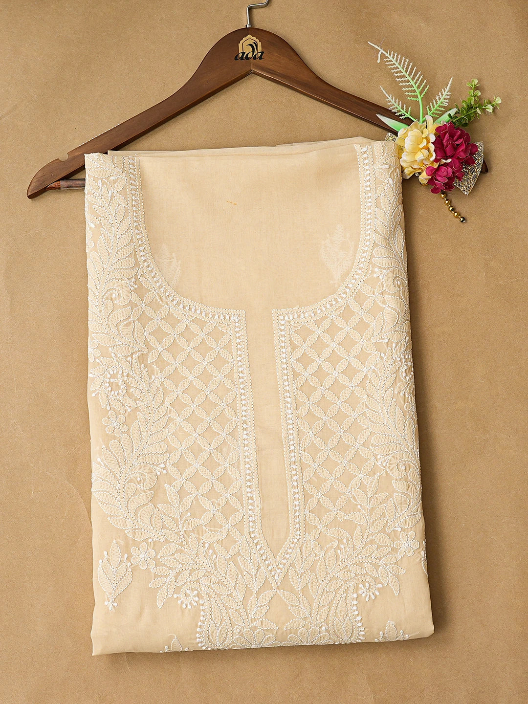 Ada Hand Embroidered Fawn Cotton Lucknowi Chikankari Unstitched Kurta Piece 01A810453