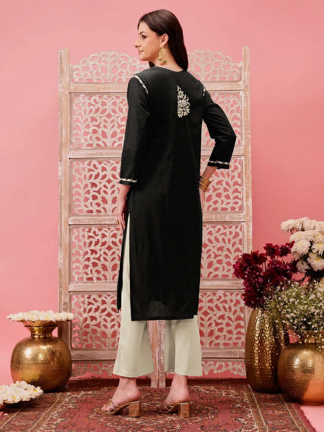 Ada Hand Embroidered Black Cotton Lucknowi Chikankari Straight Kurta A411772