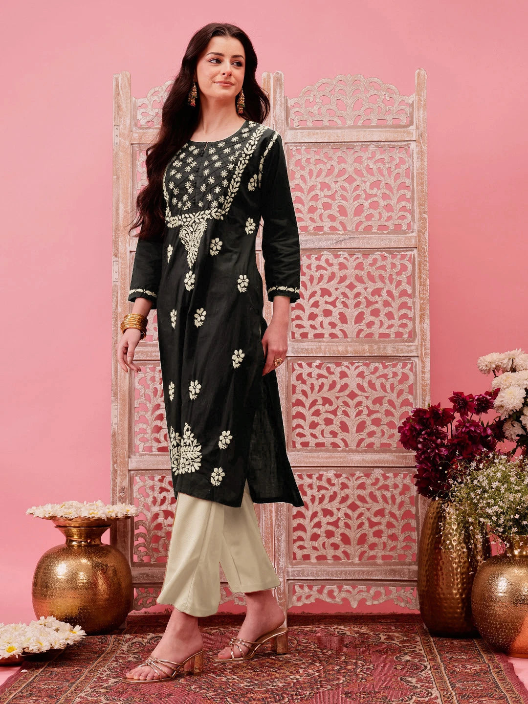 Ada Hand Embroidered Black Cotton Lucknowi Chikankari Straight Kurta A411772