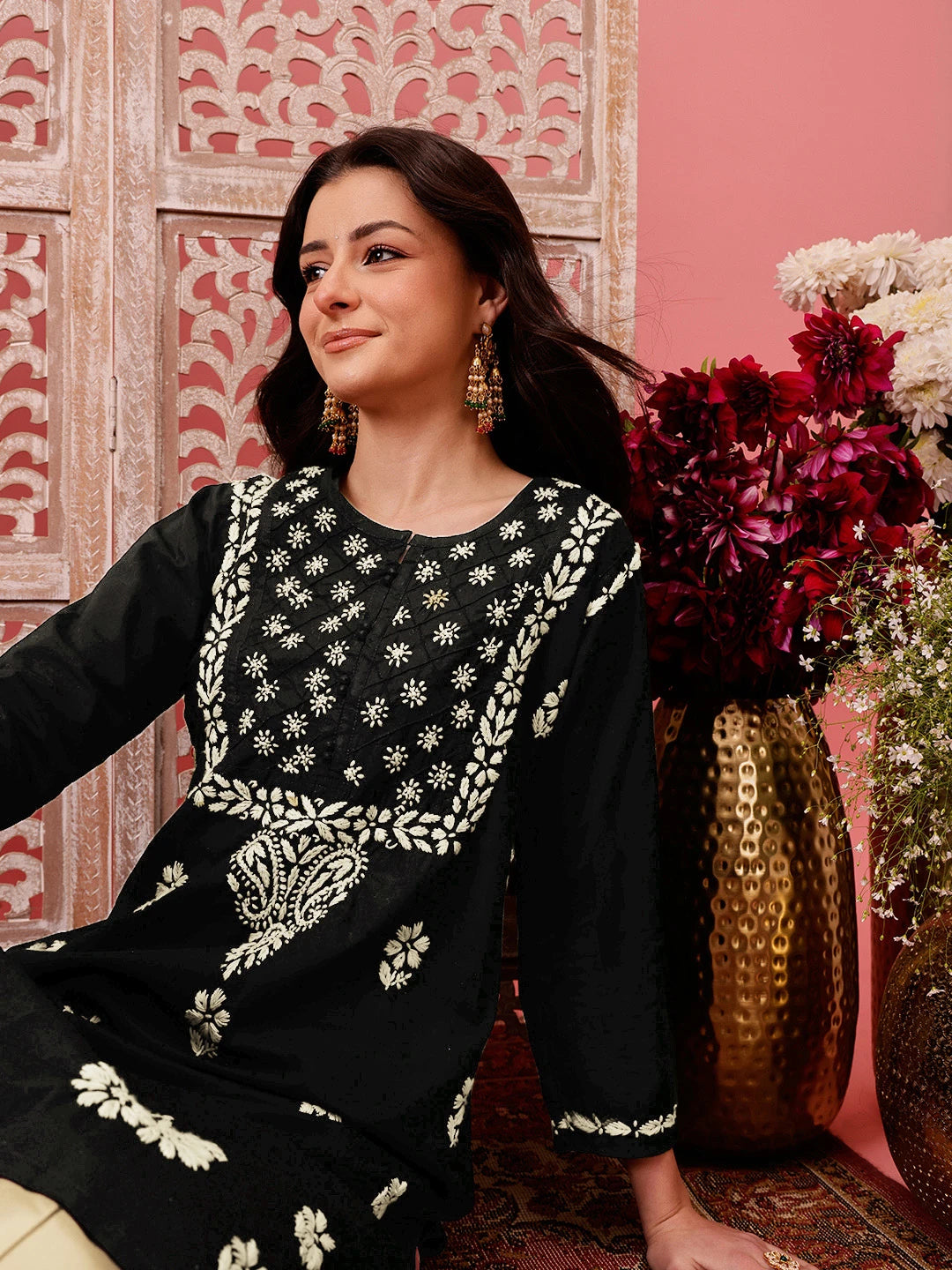 Ada Hand Embroidered Black Cotton Lucknowi Chikankari Straight Kurta A411772
