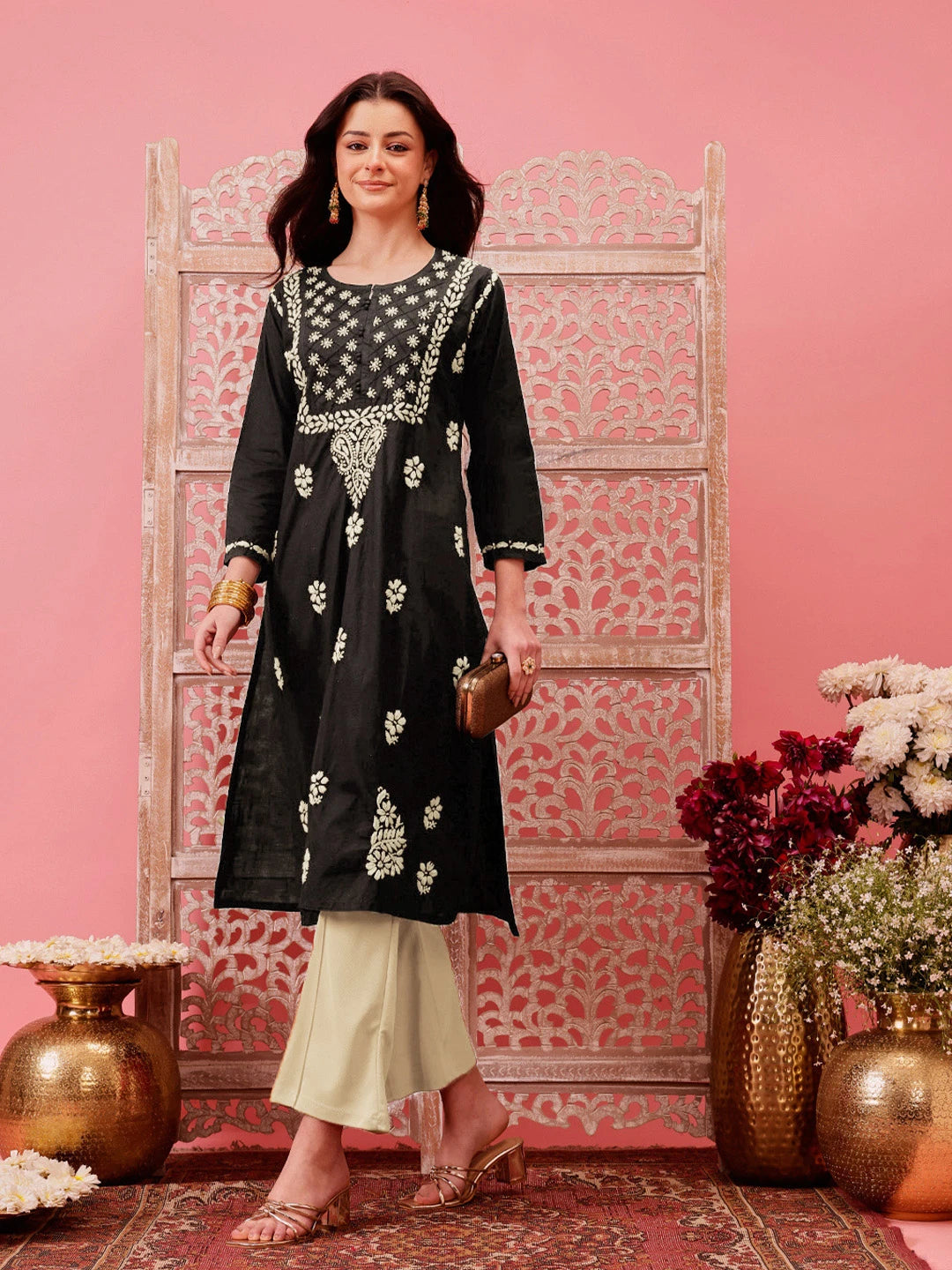 Ada Hand Embroidered Black Cotton Lucknowi Chikankari Straight Kurta A411772