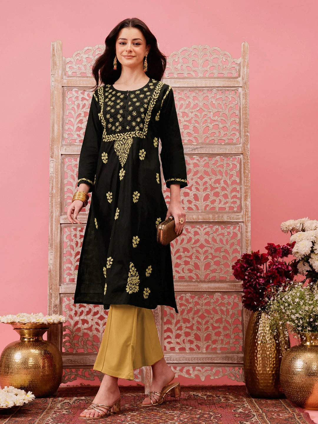 Ada Hand Embroidered Black Cotton Lucknowi Chikankari Straight Kurta A411773
