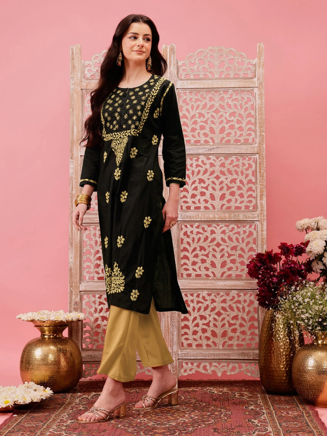 Ada Hand Embroidered Black Cotton Lucknowi Chikankari Straight Kurta A411773