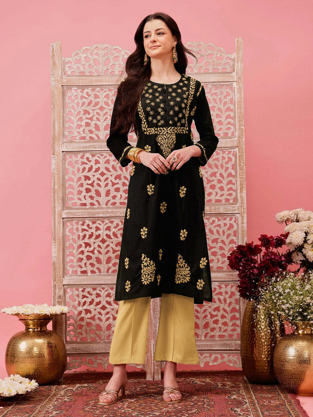Ada Hand Embroidered Black Cotton Lucknowi Chikankari Straight Kurta A411773