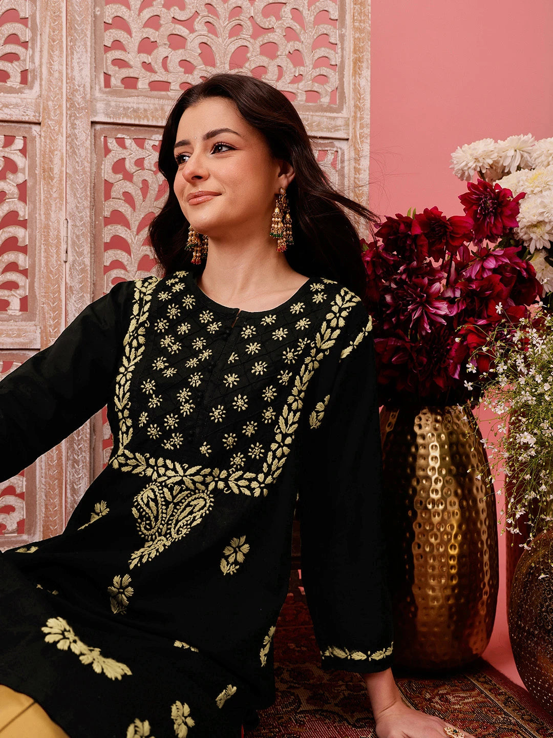 Ada Hand Embroidered Black Cotton Lucknowi Chikankari Straight Kurta A411773