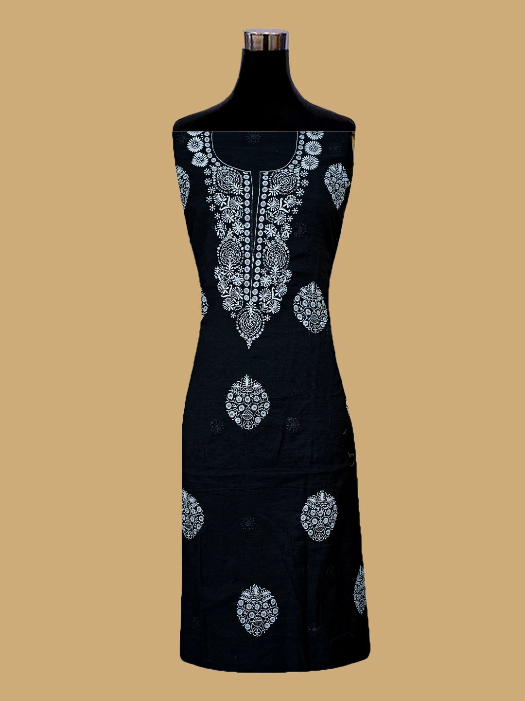 Ada Hand Embroidered Black Chanderi Lucknowi Chikankari Unstitched Kurta Dupatta Set 01A707343