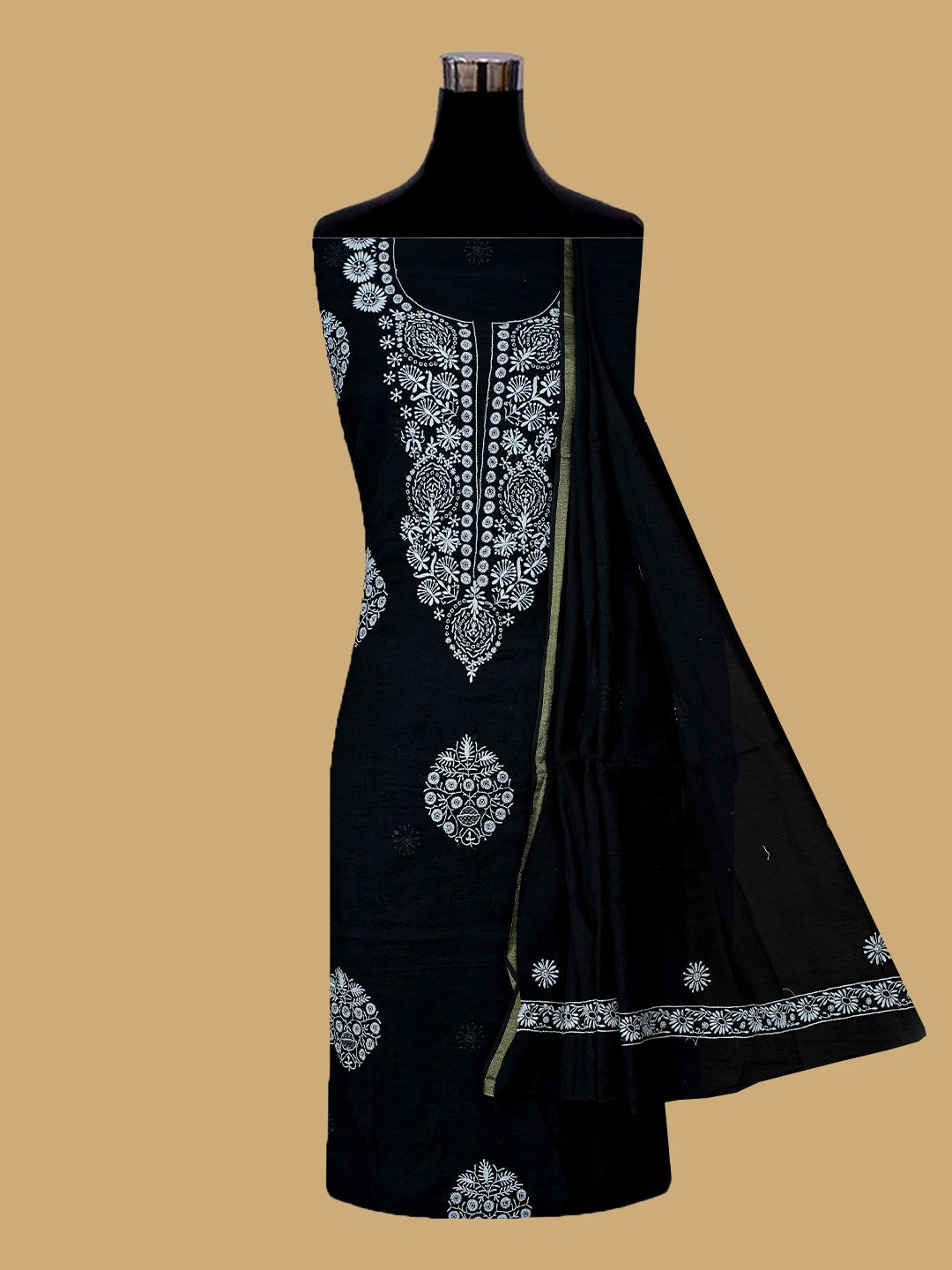 Ada Hand Embroidered Black Chanderi Lucknowi Chikankari Unstitched Kurta Dupatta Set 01A707343