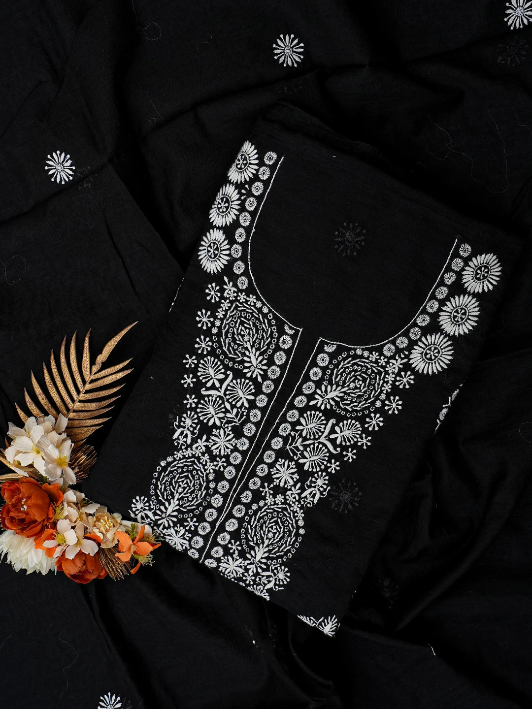 Ada Hand Embroidered Black Chanderi Lucknowi Chikankari Unstitched Kurta Dupatta Set 01A707343