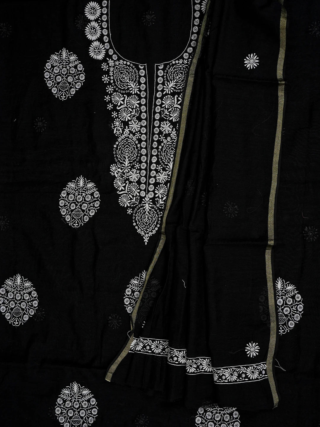 Ada Hand Embroidered Black Chanderi Lucknowi Chikankari Unstitched Kurta Dupatta Set 01A707343