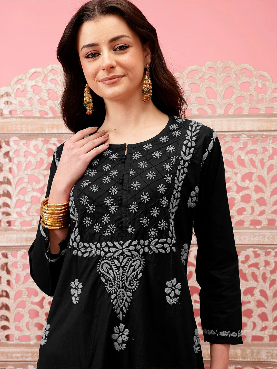 Ada Hand Embroidered Black Cotton Lucknowi Chikankari Straight Kurta A411776