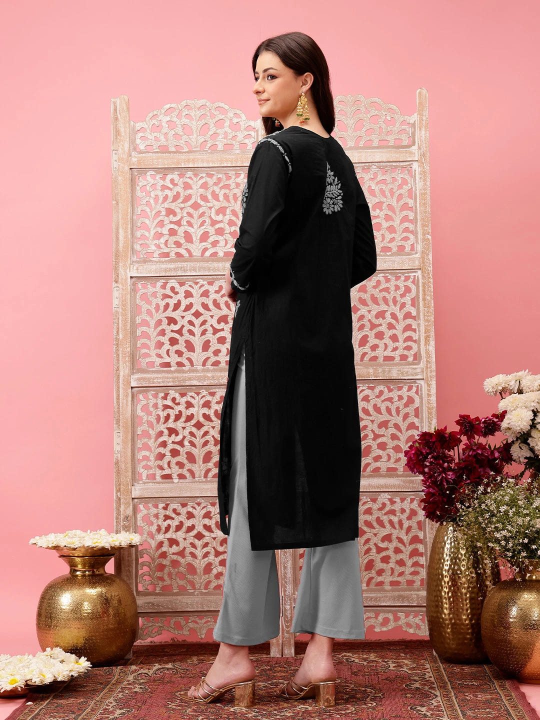 Ada Hand Embroidered Black Cotton Lucknowi Chikankari Straight Kurta A411776