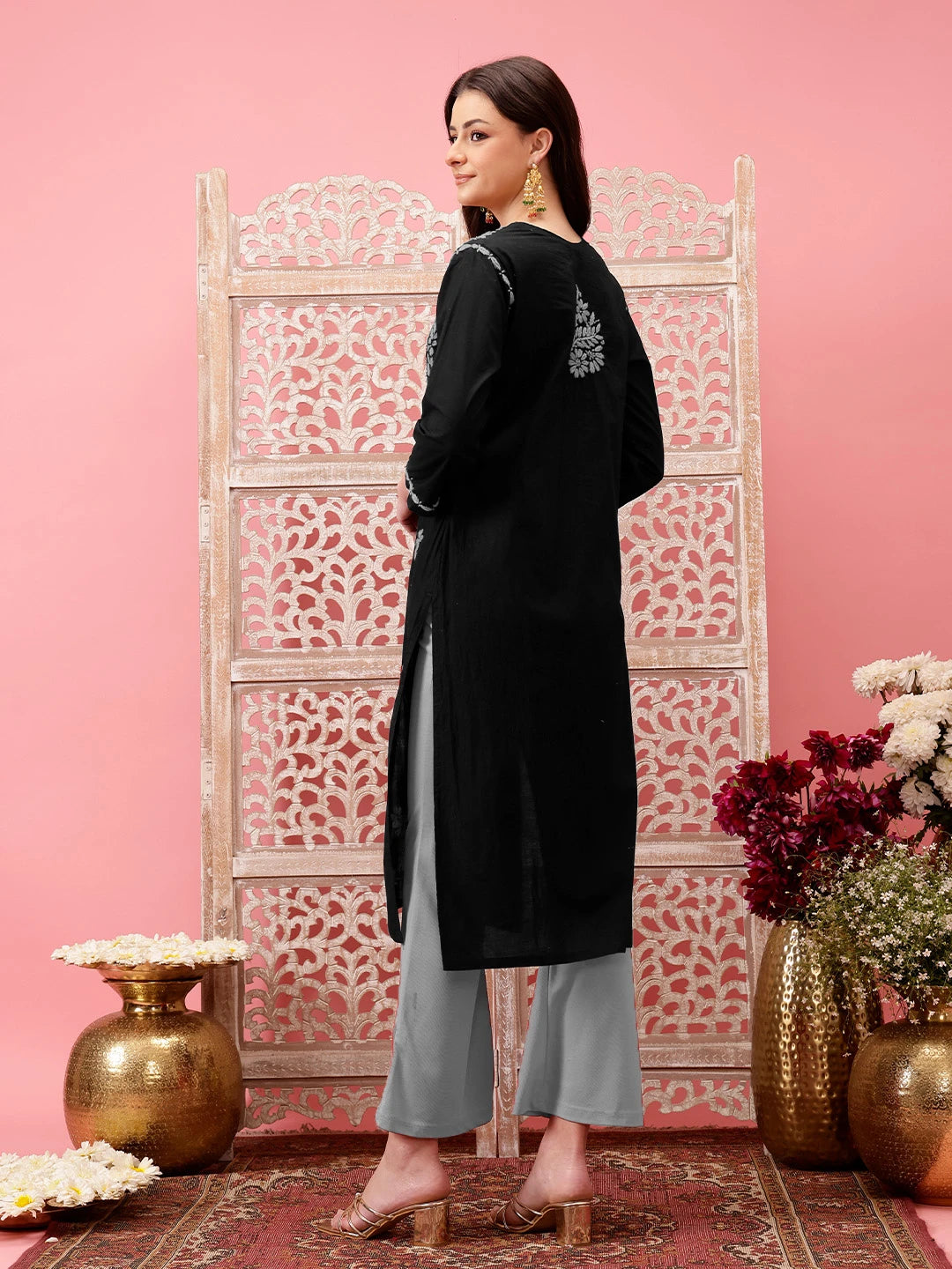 Ada Hand Embroidered Black Cotton Lucknowi Chikankari Straight Kurta A411776