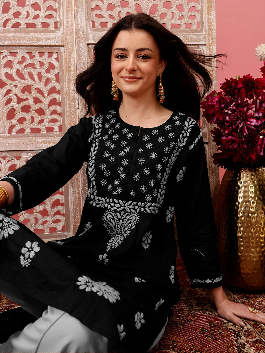 Ada Hand Embroidered Black Cotton Lucknowi Chikankari Straight Kurta A411776