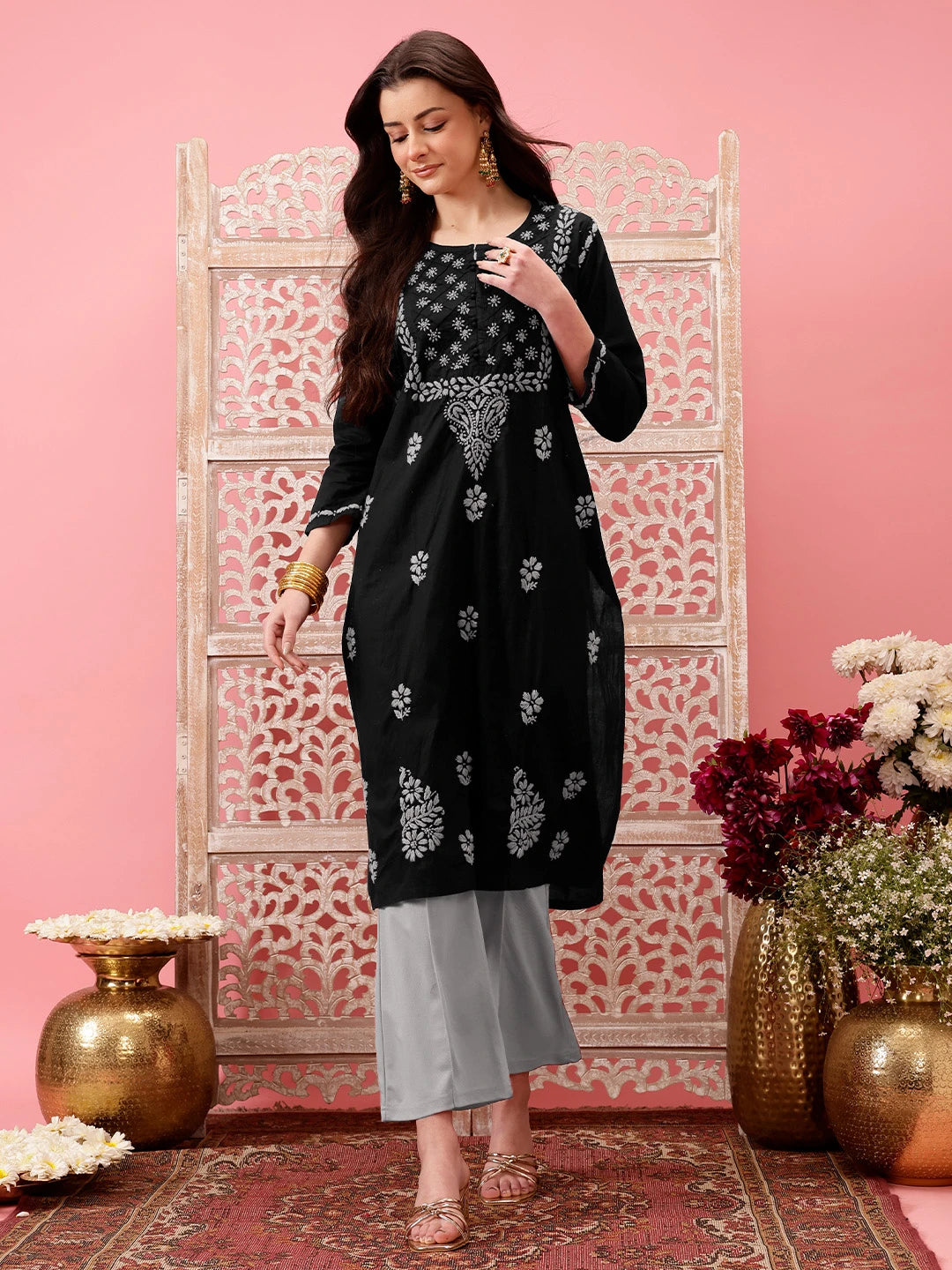 Ada Hand Embroidered Black Cotton Lucknowi Chikankari Straight Kurta A411776
