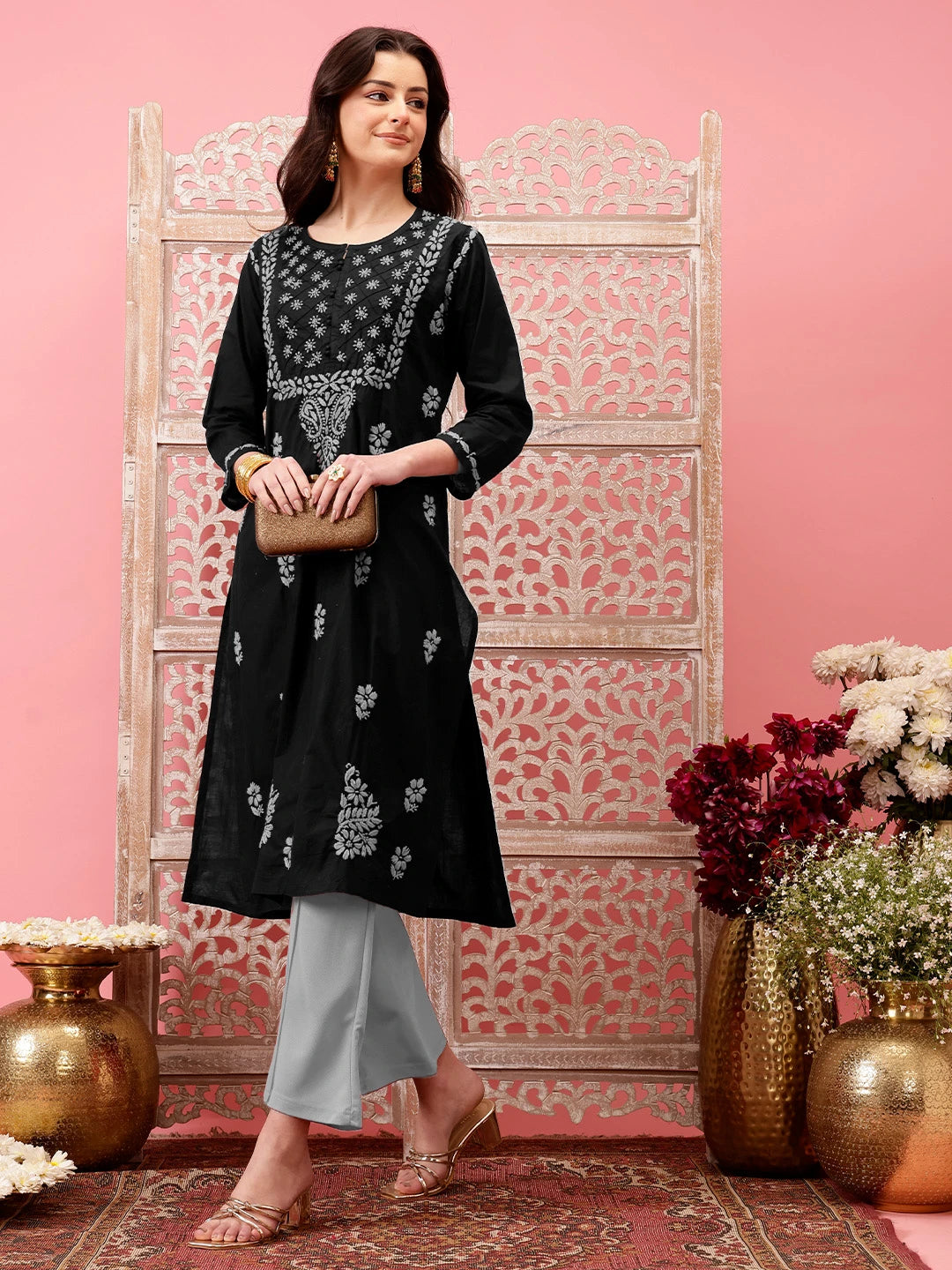 Ada Hand Embroidered Black Cotton Lucknowi Chikankari Straight Kurta A411776