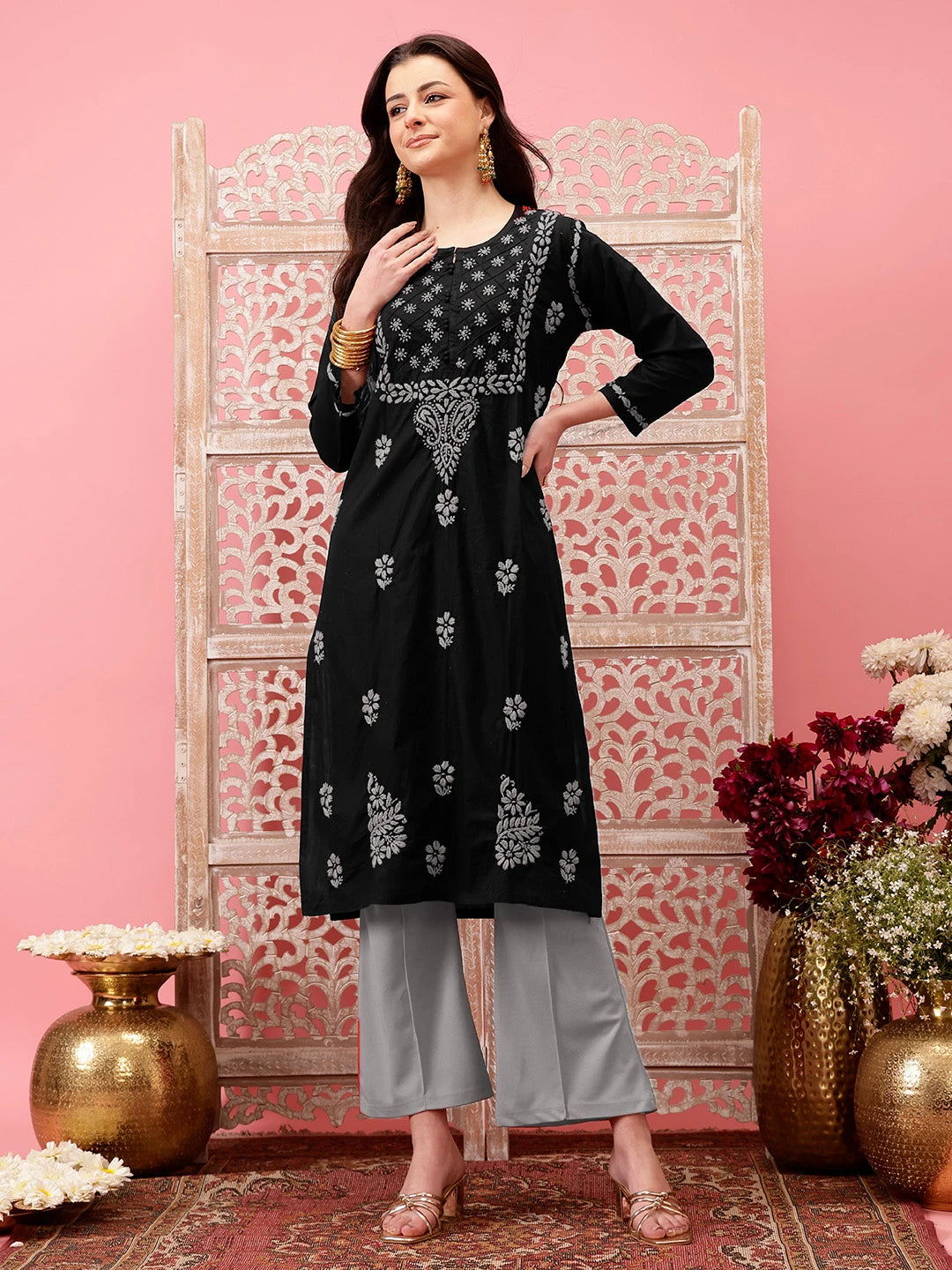 Ada Hand Embroidered Black Cotton Lucknowi Chikankari Straight Kurta A411776