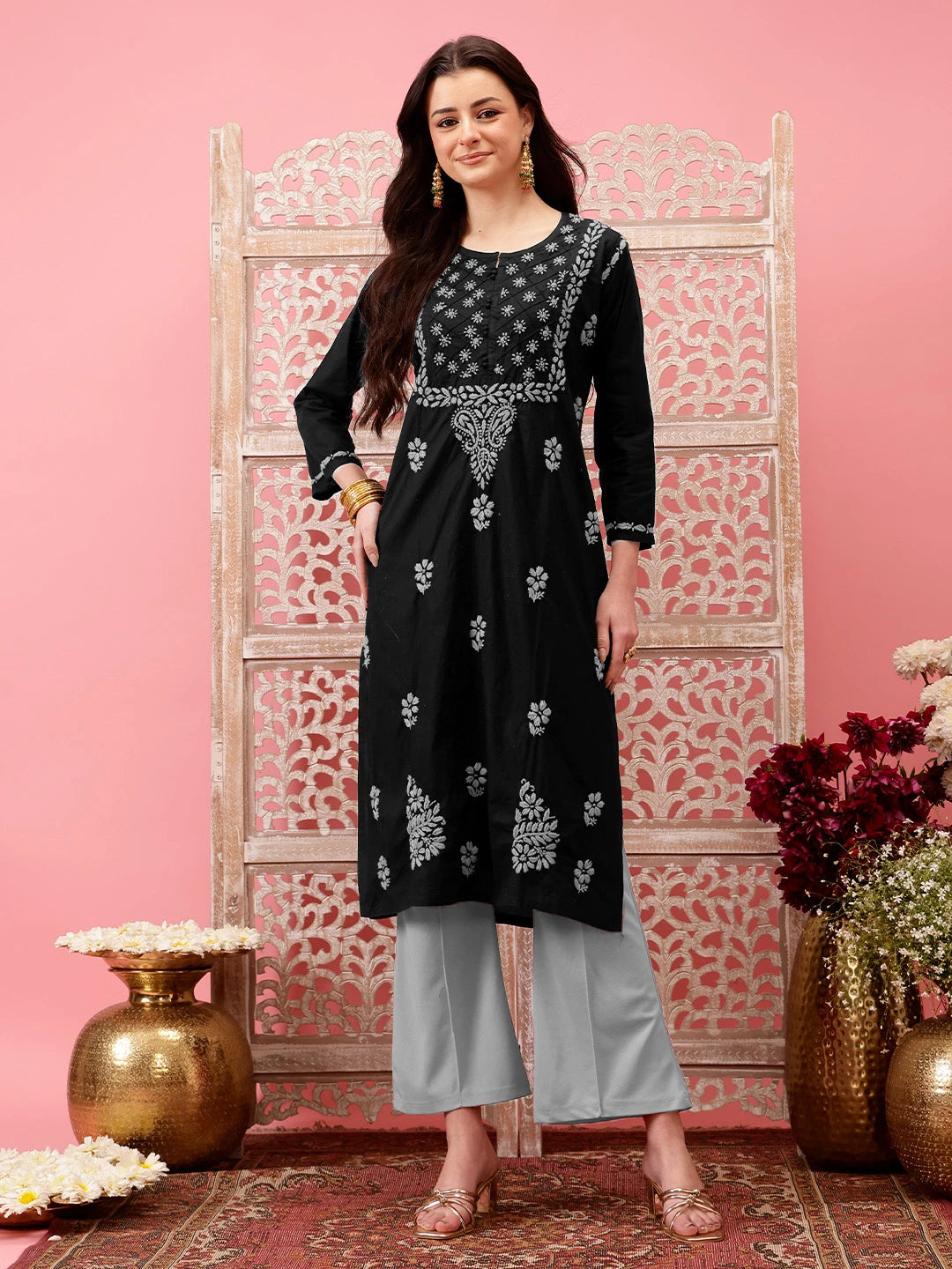 Ada Hand Embroidered Black Cotton Lucknowi Chikankari Straight Kurta A411776