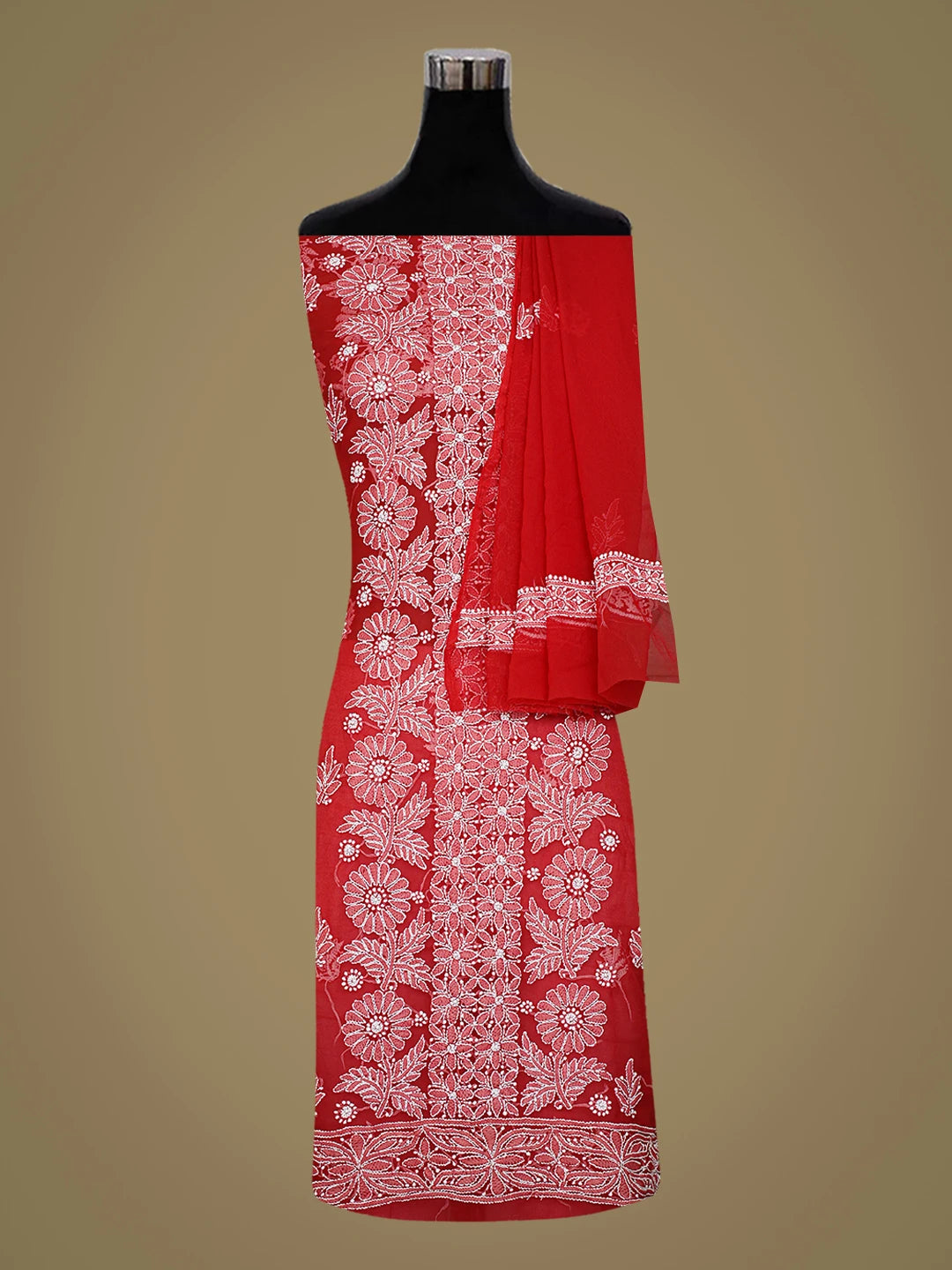 Ada Hand Embroidered Red Georgette Lucknowi Chikankari Unstitched Suit Piece 01A793486