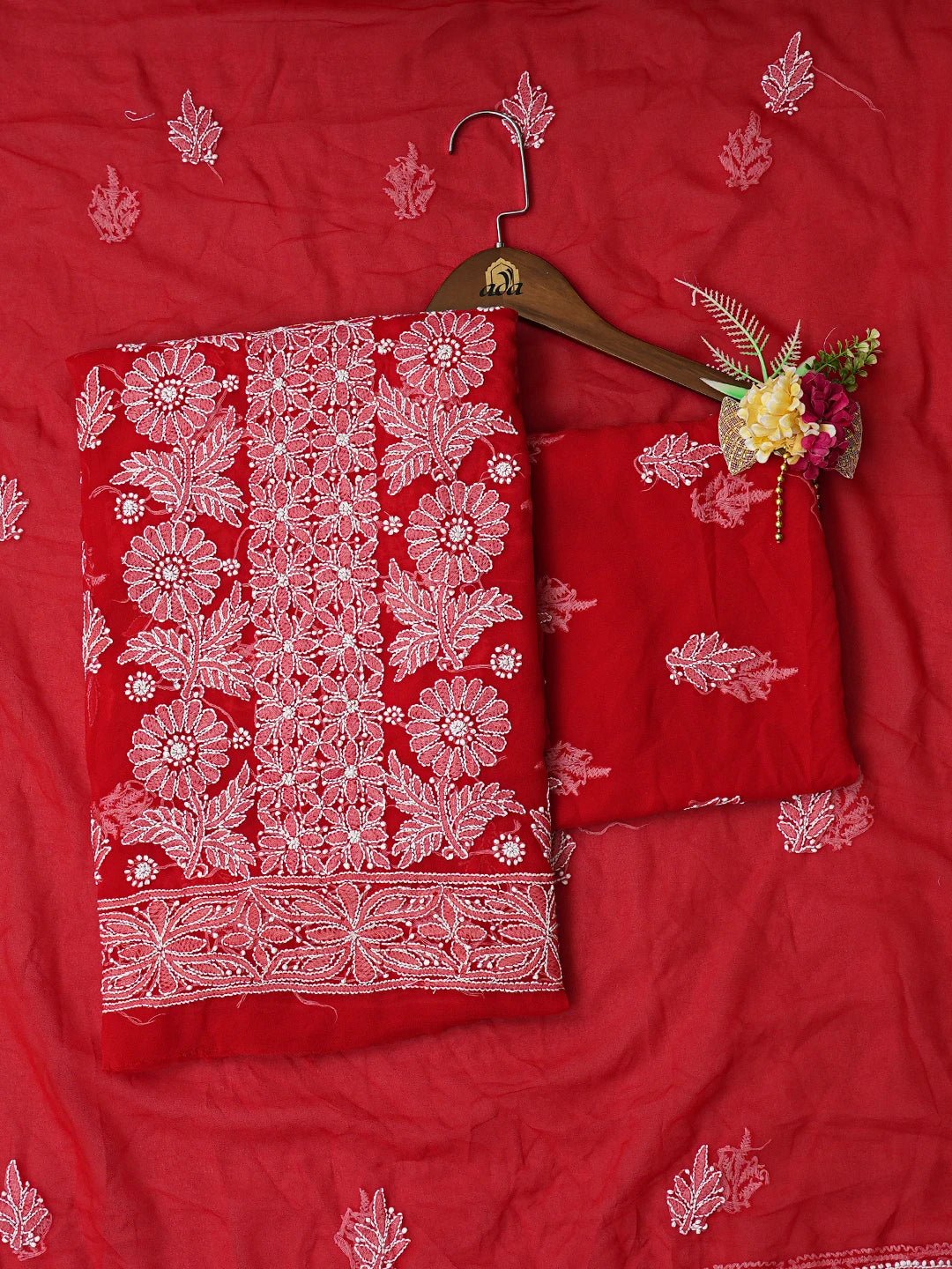 Ada Hand Embroidered Red Georgette Lucknowi Chikankari Unstitched Suit Piece 01A793486