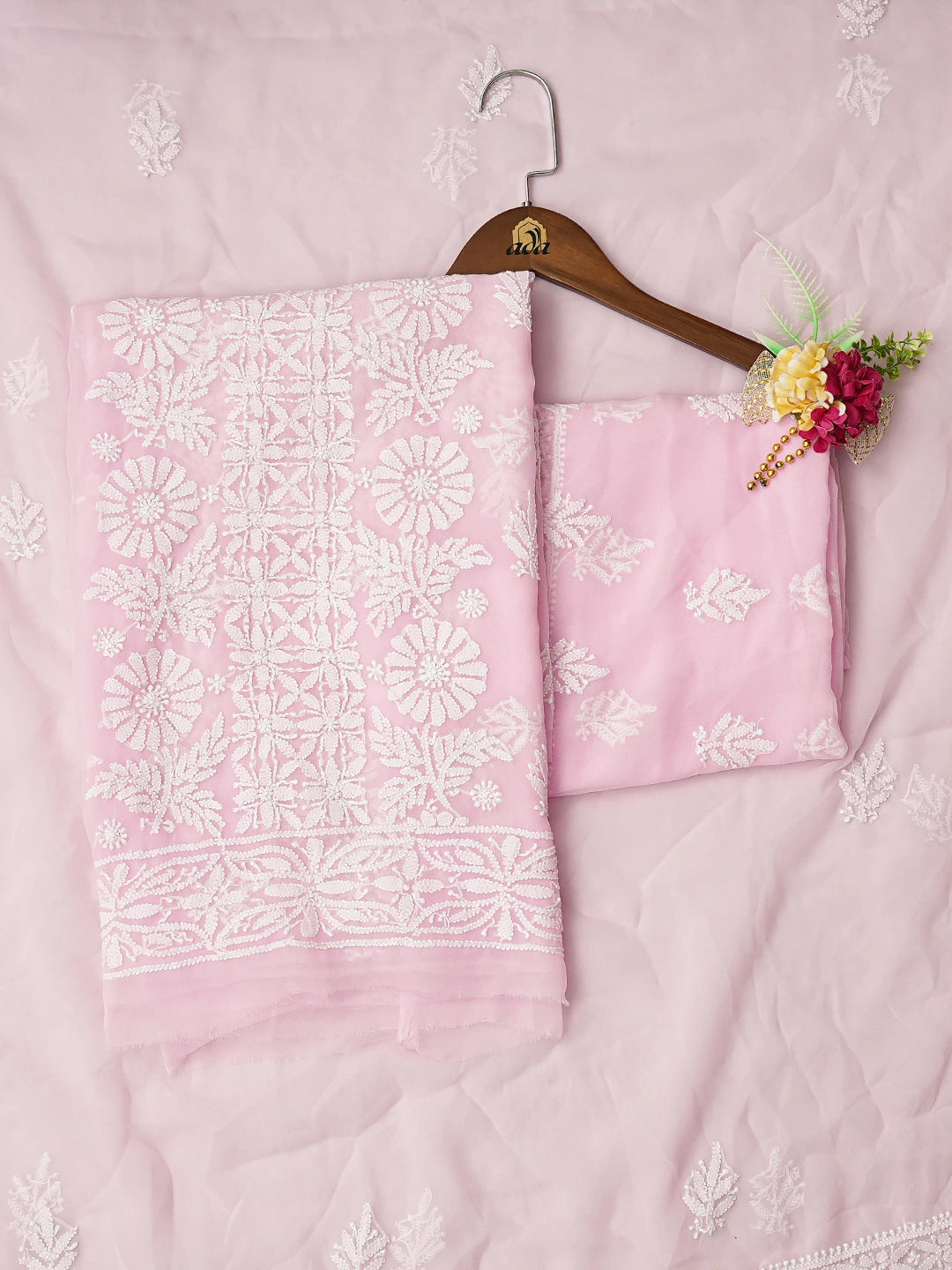 Ada Hand Embroidered Pink Faux Georgette Lucknowi Chikankari Unstitched Suit Piece 01A793524