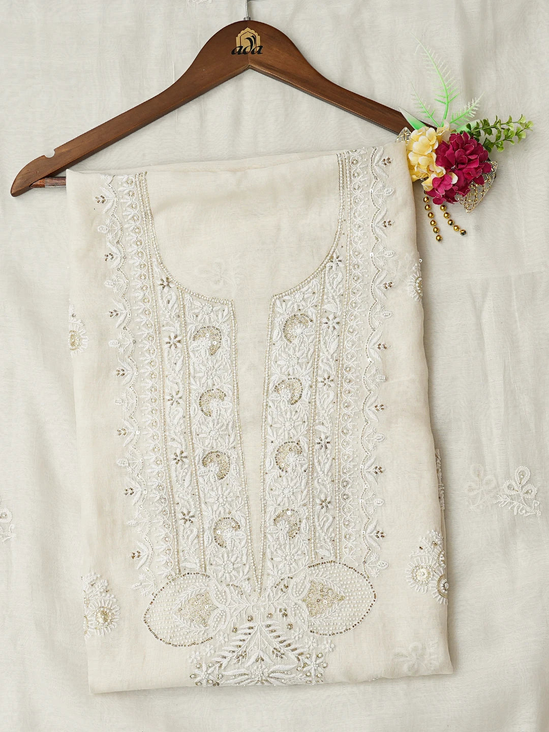 Ada Hand Embroidered White Chanderi Lucknowi Chikankari Unstitched Kurta Dupatta Set With Cutdana Work 01A548541