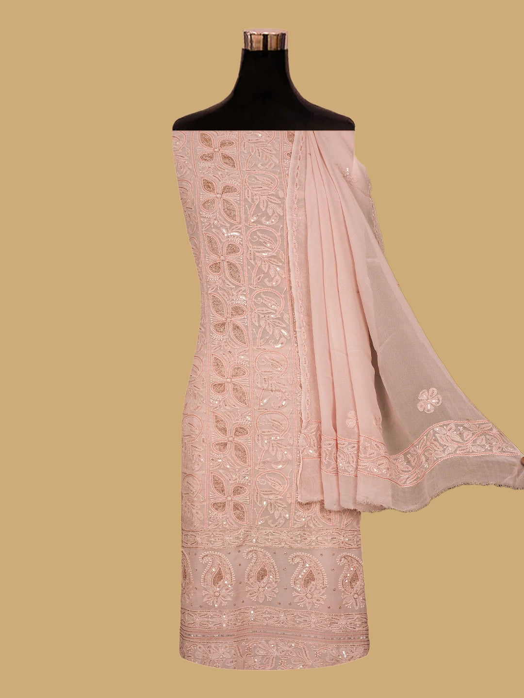 Ada Hand Embroidered Crayola Peach Viscose Georgette Lucknowi Chikankari Unstitched Kurta Dupatta Set With Cutdana Work 01A757080