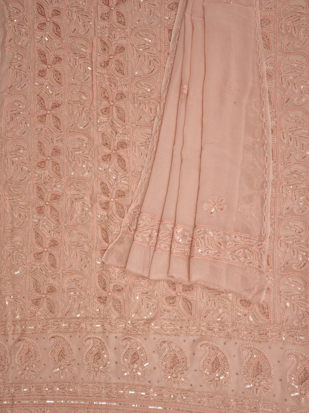 Ada Hand Embroidered Crayola Peach Viscose Georgette Lucknowi Chikankari Unstitched Kurta Dupatta Set With Cutdana Work 01A757080