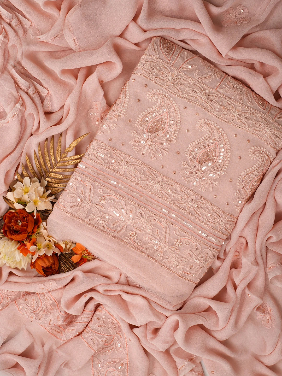 Ada Hand Embroidered Crayola Peach Viscose Georgette Lucknowi Chikankari Unstitched Kurta Dupatta Set With Cutdana Work 01A757080