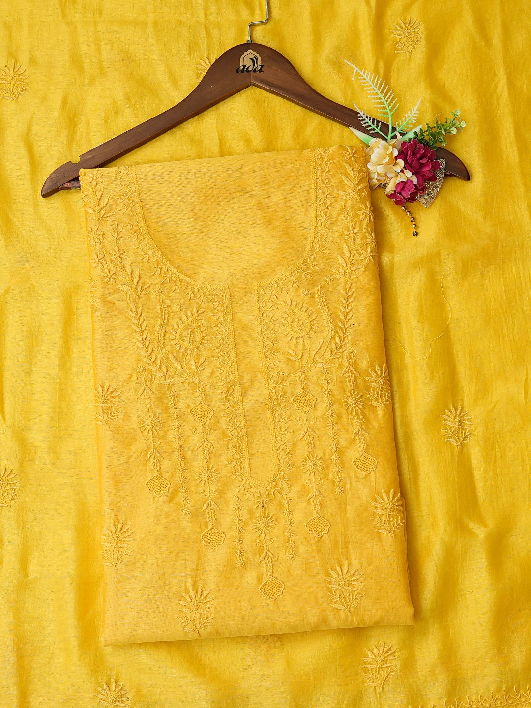 Ada Hand Embroidered Yellow Chanderi Lucknowi Chikankari Unstitched Kurta Dupatta Set 01A776151