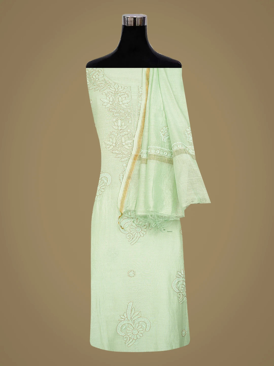 Ada Hand Embroidered Pistachio Green Chanderi Lucknowi Chikankari Unstitched Kurta Dupatta Set With Zari Taar Work 01A707653