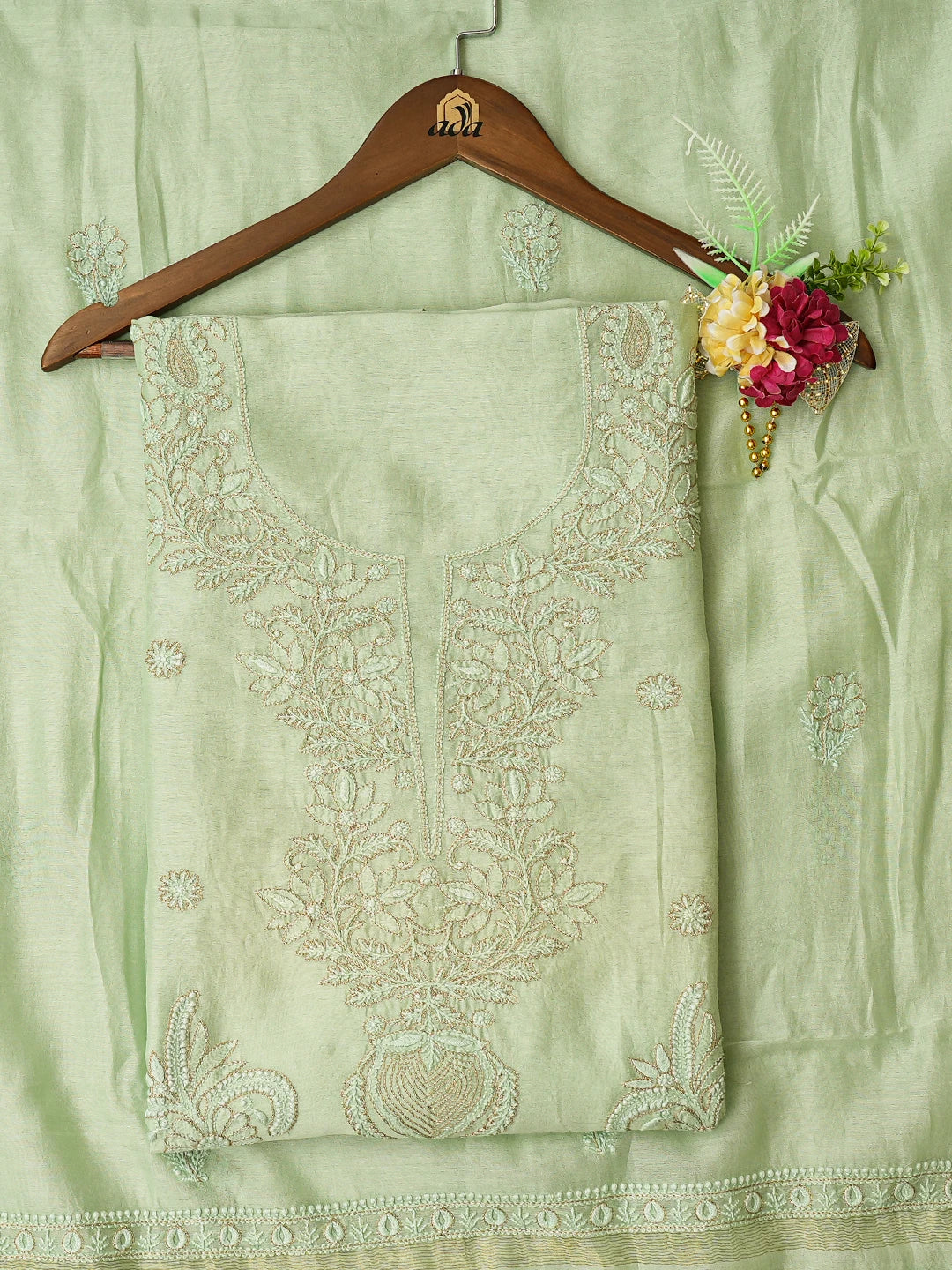 Ada Hand Embroidered Pistachio Green Chanderi Lucknowi Chikankari Unstitched Kurta Dupatta Set With Zari Taar Work 01A707653