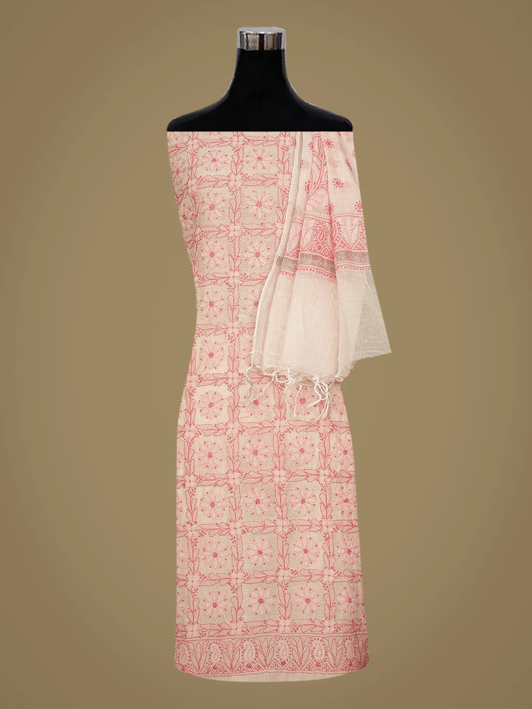 Ada Hand Embroidered Pink Chanderi Lucknowi Chikankari Unstitched Kurta Dupatta Set 01A576510