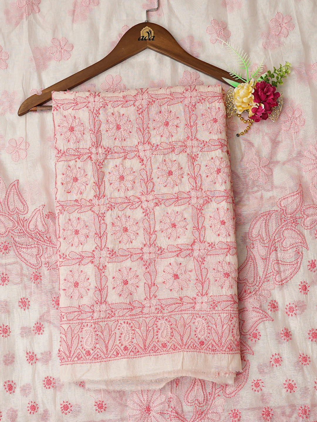 Ada Hand Embroidered Pink Chanderi Lucknowi Chikankari Unstitched Kurta Dupatta Set 01A576510