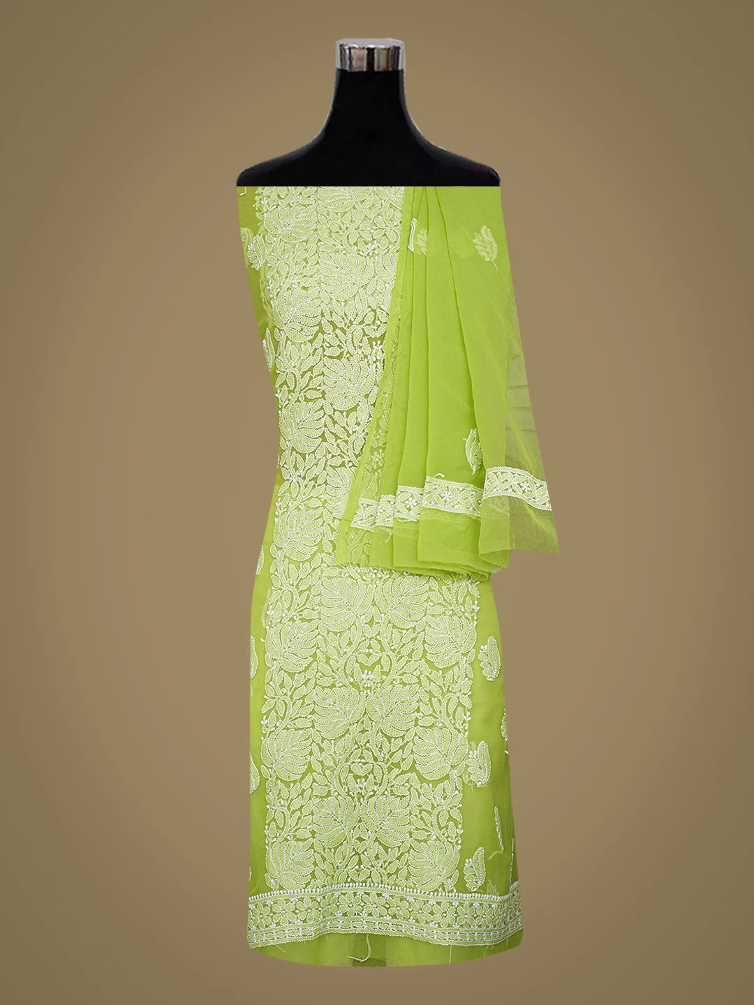 Ada Hand Embroidered Lime Green Faux Georgette Lucknowi Chikankari Unstitched Suit Piece 01A793436