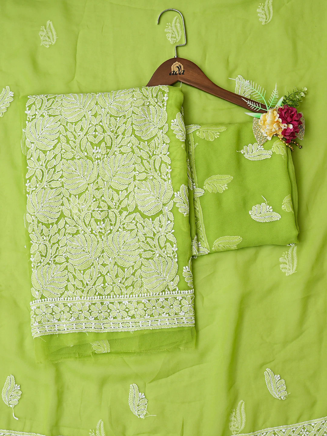 Ada Hand Embroidered Lime Green Faux Georgette Lucknowi Chikankari Unstitched Suit Piece 01A793436