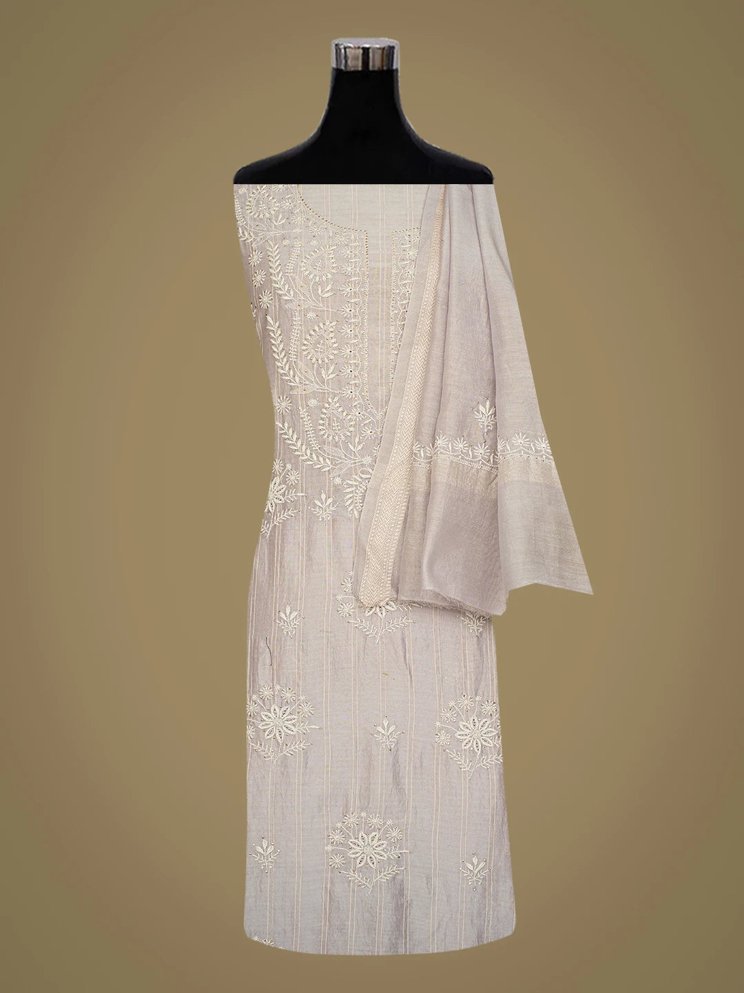 Ada Hand Embroidered Mauve Chanderi Lucknowi Chikankari Unstitched Kurta Dupatta Set With Mukaish Work 01A754041