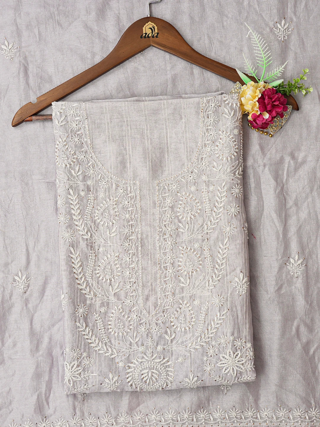 Ada Hand Embroidered Mauve Chanderi Lucknowi Chikankari Unstitched Kurta Dupatta Set With Mukaish Work 01A754041