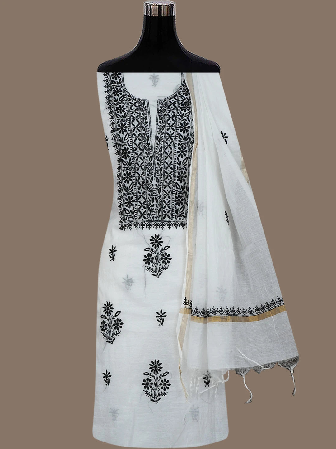 Ada Hand Embroidered White Chanderi Lucknowi Chikankari Unstitched Kurta Dupatta Set 01A762576