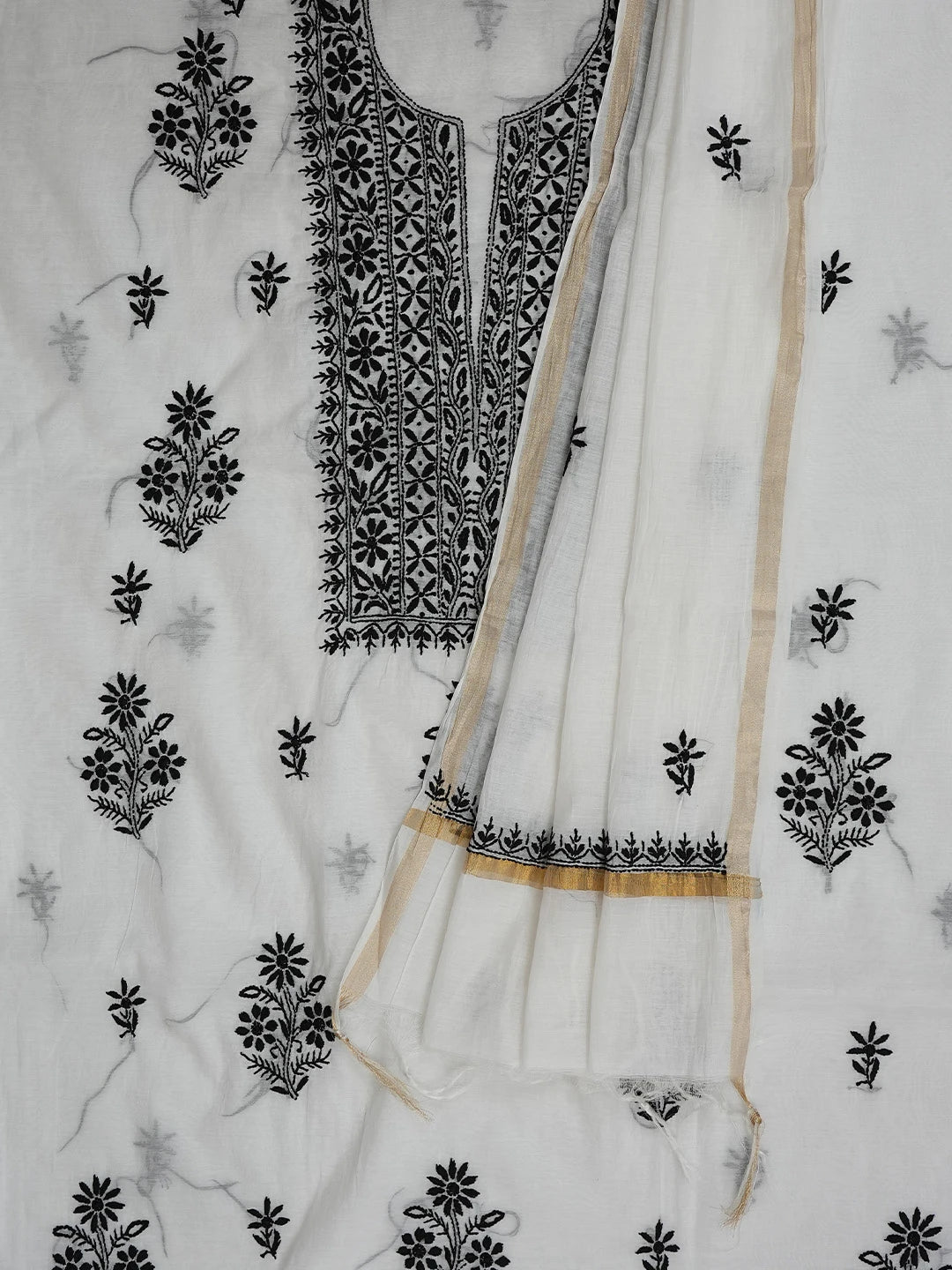 Ada Hand Embroidered White Chanderi Lucknowi Chikankari Unstitched Kurta Dupatta Set 01A762576