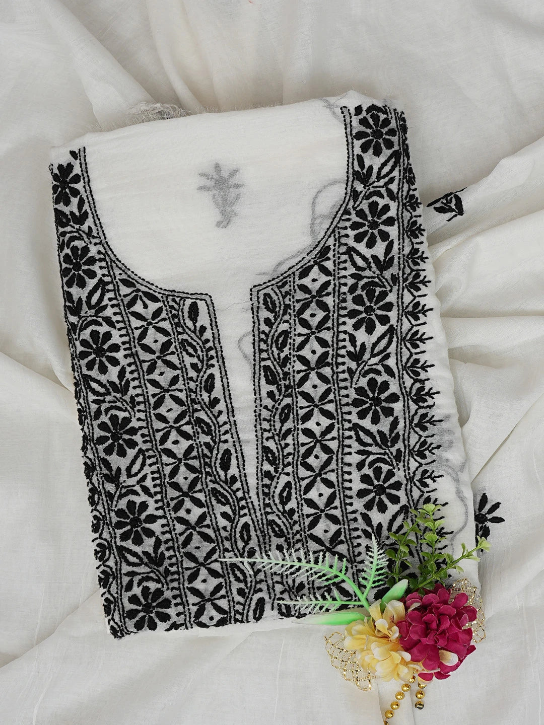 Ada Hand Embroidered White Chanderi Lucknowi Chikankari Unstitched Kurta Dupatta Set 01A762576
