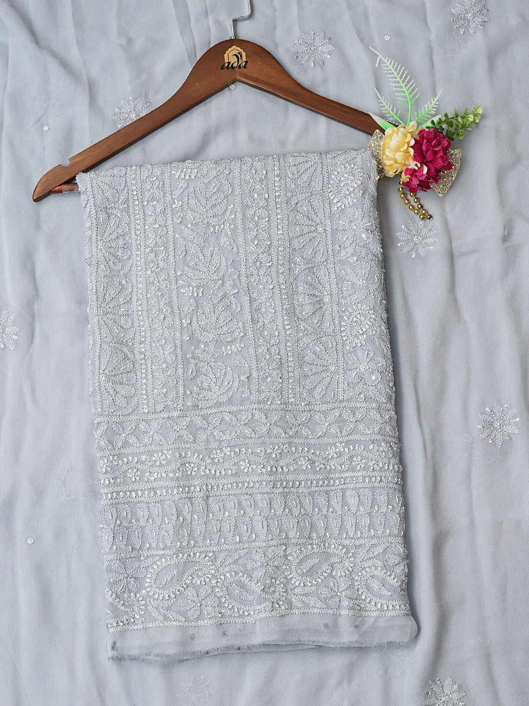 Ada Hand Embroidered Grey Viscose Georgette Lucknowi Chikankari Unstitched Kurta Dupatta Set With Cutdana Work 01A724458