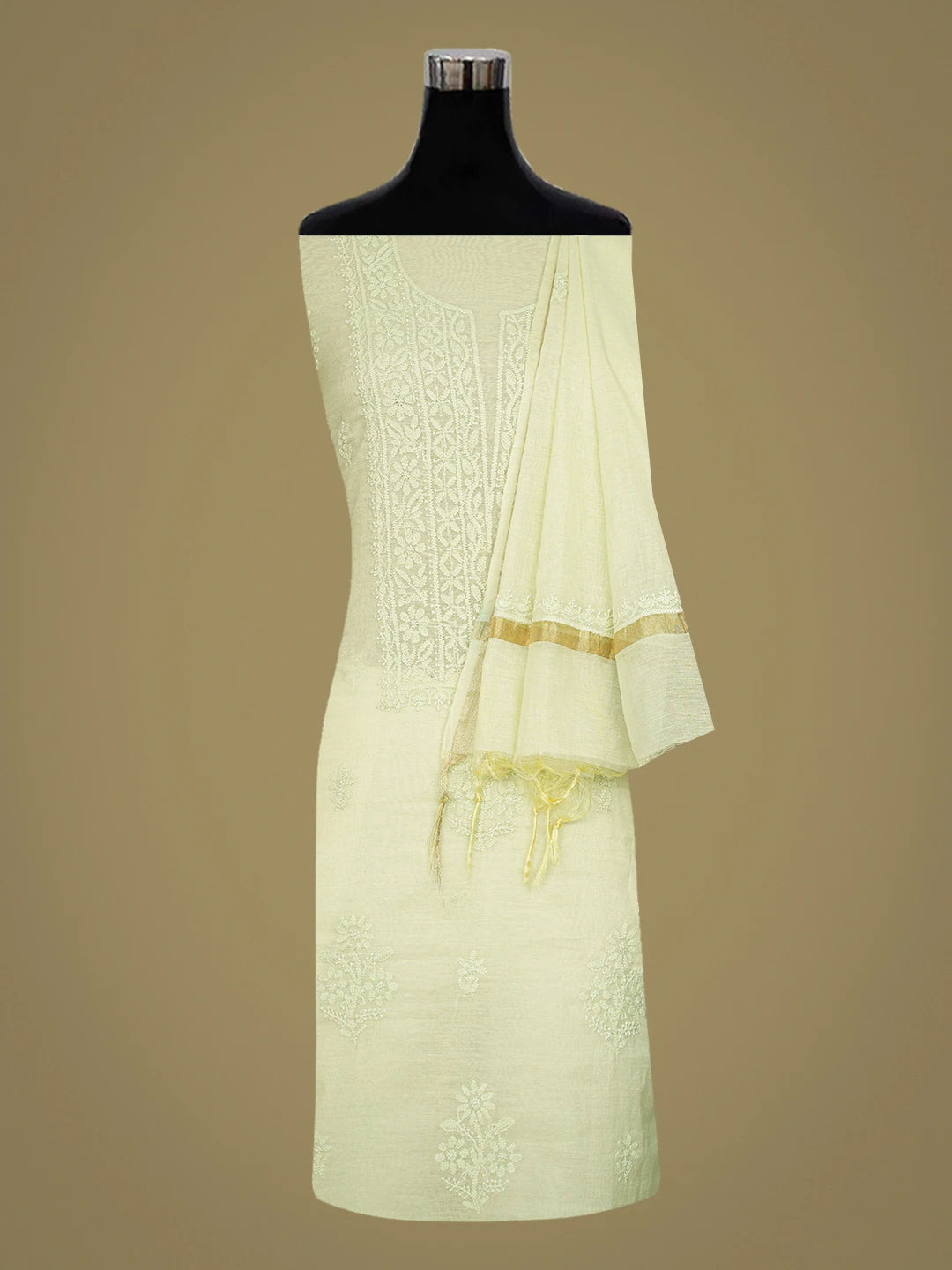Ada Hand Embroidered Pistachio Green Chanderi Lucknowi Chikankari Unstitched Kurta Dupatta Set 01A795606