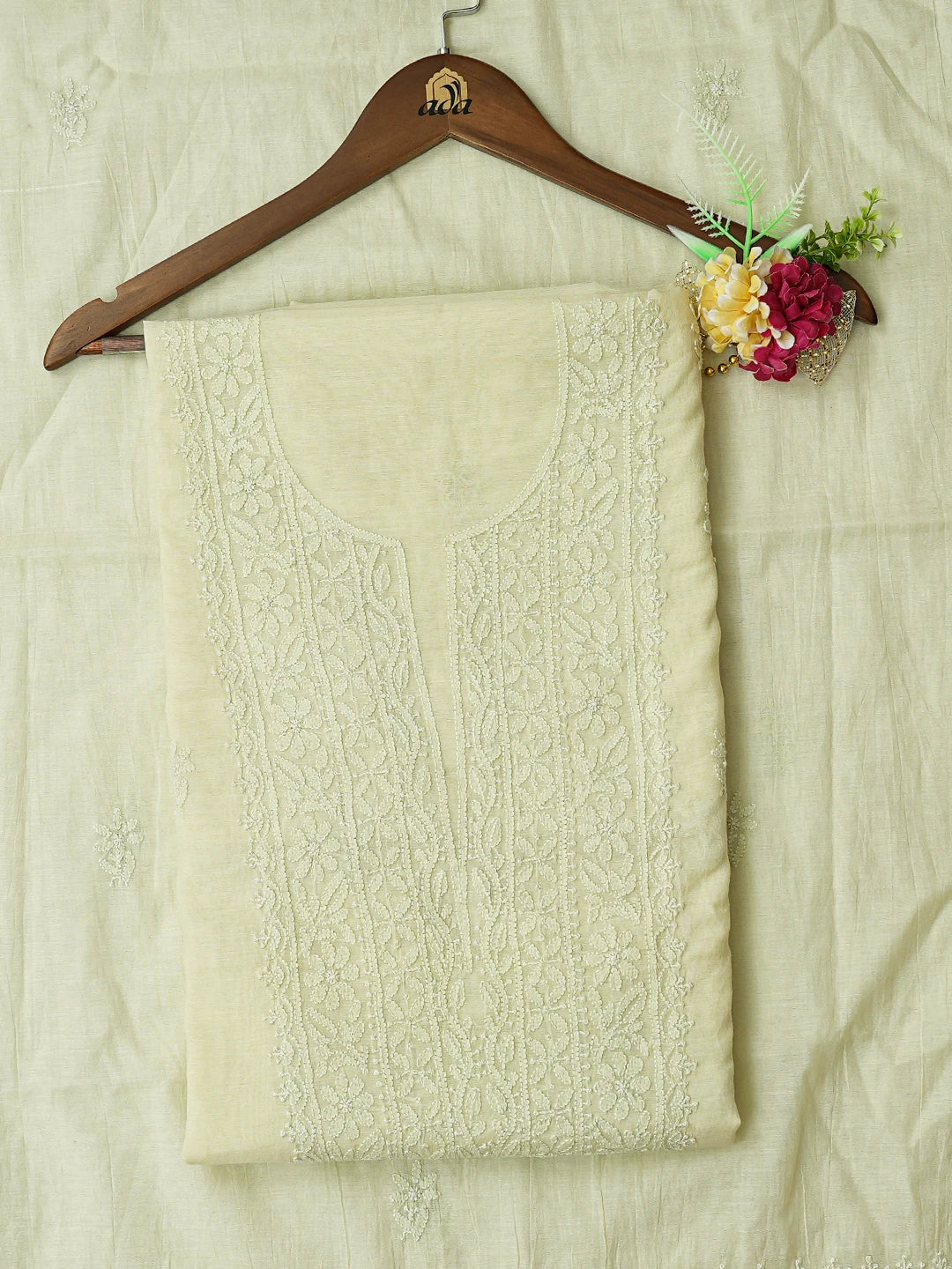 Ada Hand Embroidered Pistachio Green Chanderi Lucknowi Chikankari Unstitched Kurta Dupatta Set 01A795606