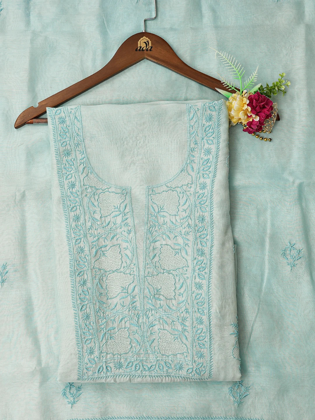 Ada Hand Embroidered Sky Blue Chanderi Lucknowi Chikankari Unstitched Kurta Dupatta Set 01A797386