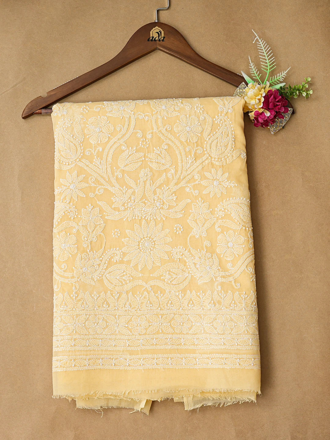 Ada Hand Embroidered Biscuit Yellow Cotton Lucknowi Chikankari Unstitched Kurta Piece 01A810511