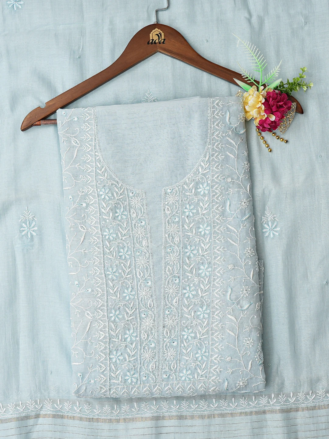 Ada Hand Embroidered Ice Blue Chanderi Lucknowi Chikankari Unstitched Kurta Dupatta Set With Cutdana Work 01A741581