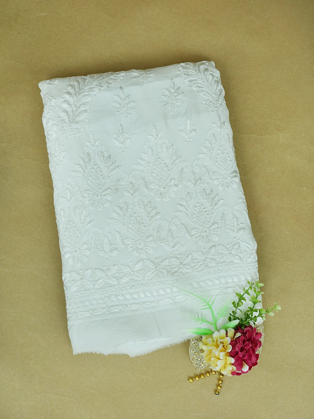 Ada Hand Embroidered White Muslin Lucknowi Chikankari Unstitched Kurta Piece 01A811313