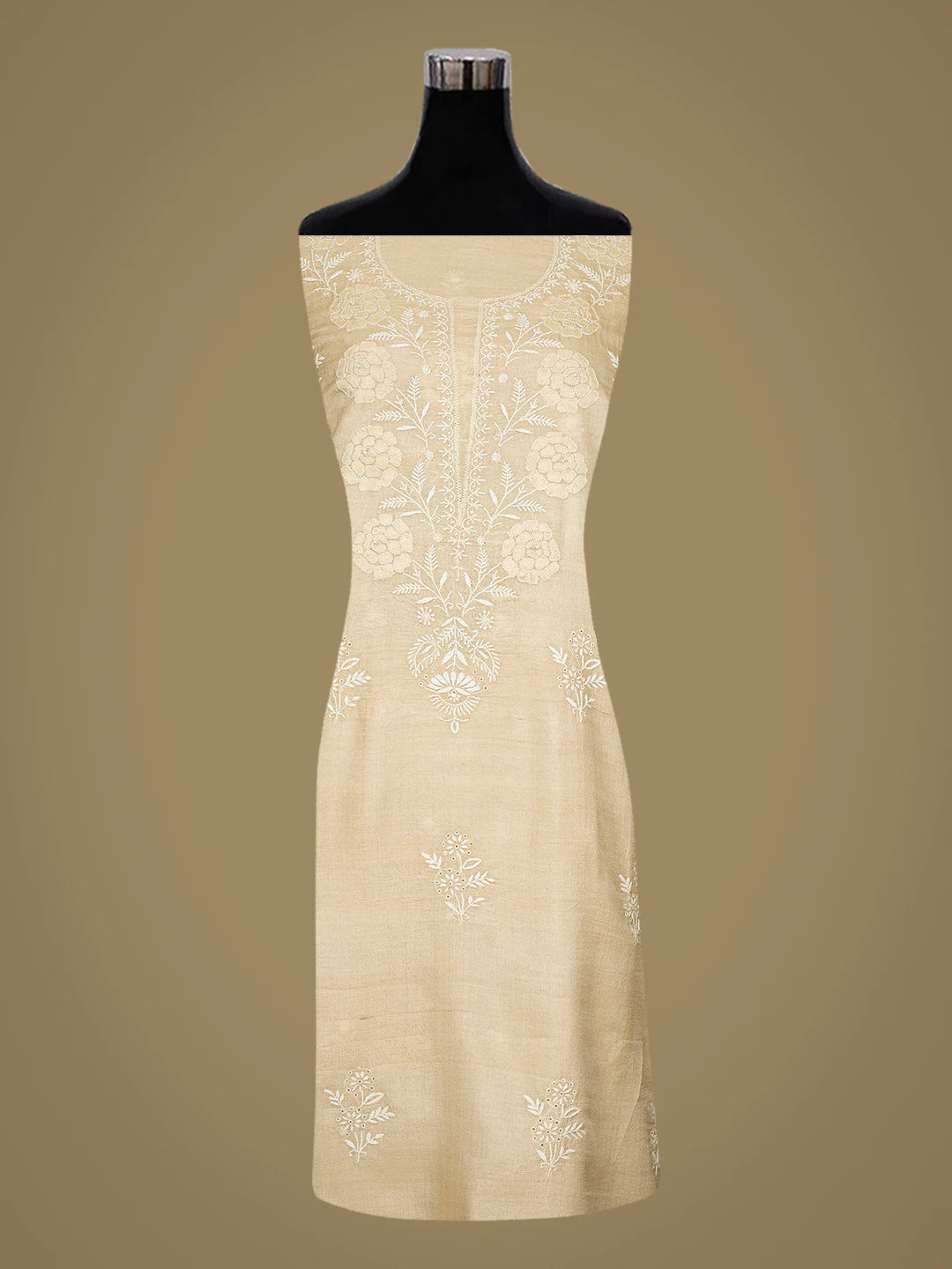 Ada Hand Embroidered Fawn Moonga Silk Lucknowi Chikankari Unstitched Kurta Piece 01A528331
