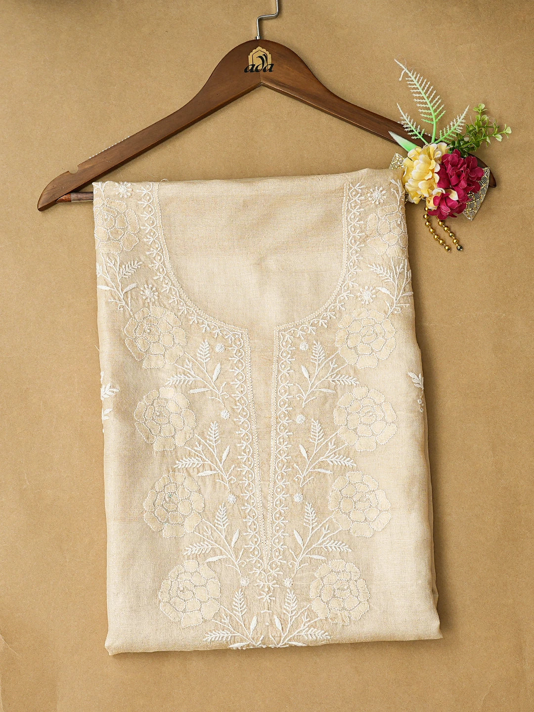 Ada Hand Embroidered Fawn Moonga Silk Lucknowi Chikankari Unstitched Kurta Piece 01A528331
