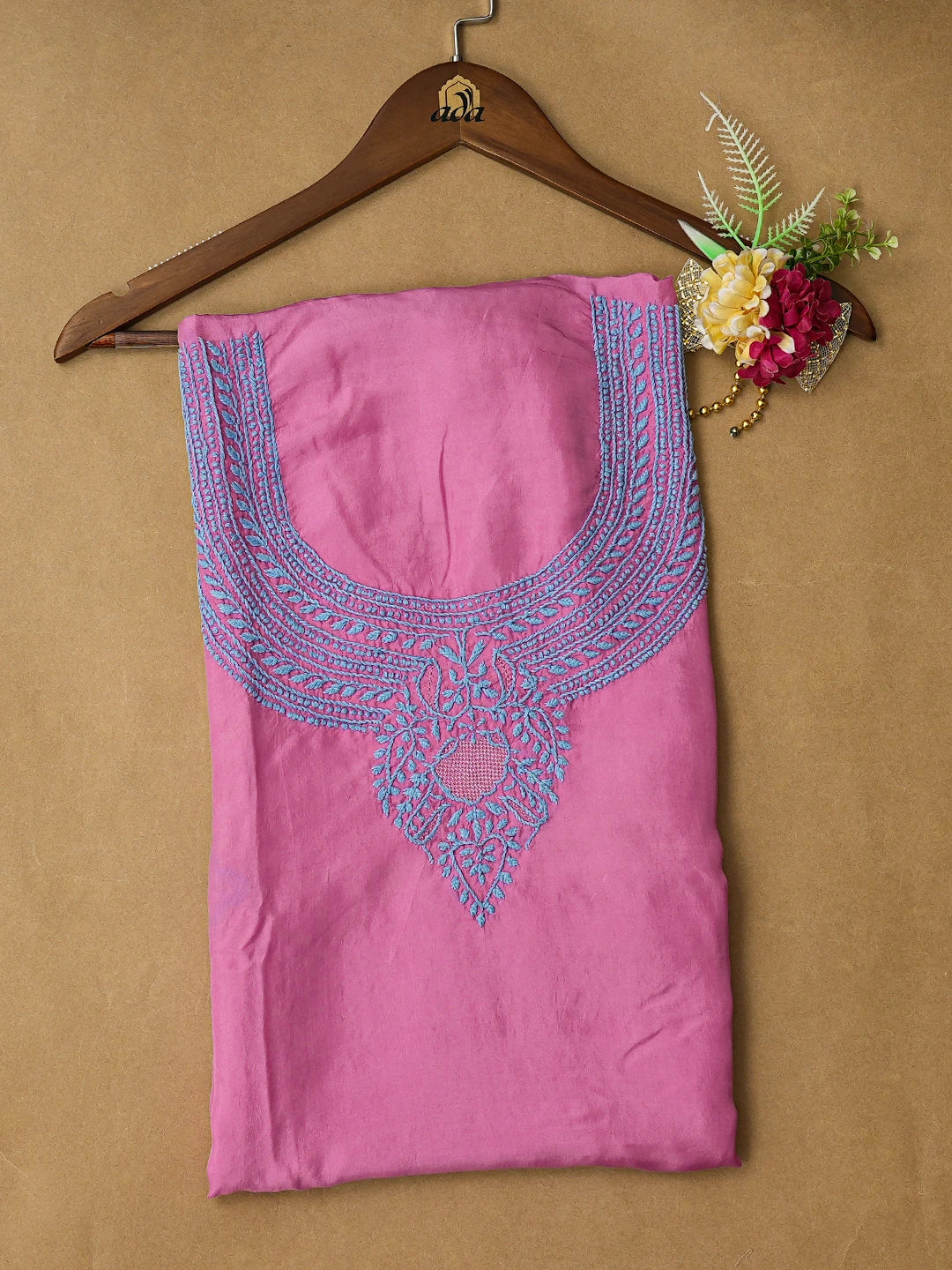 Ada Hand Embroidered Pink Silk Lucknowi Chikankari Unstitched Kurta Piece A137793